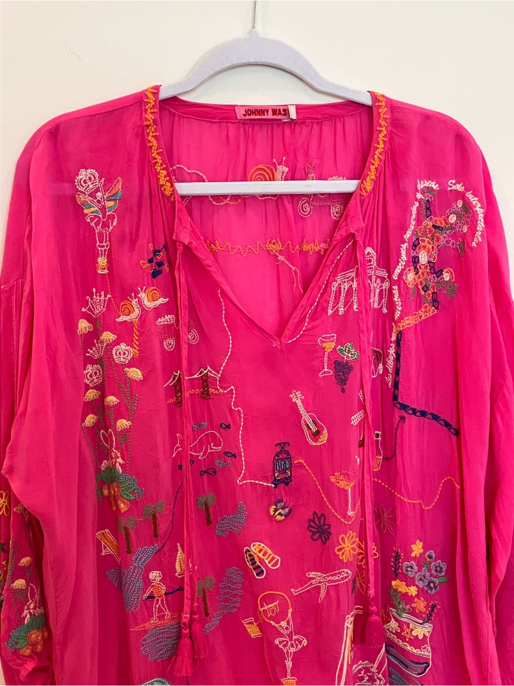 Johnny Was Bright Fuchsia Embroidered V-Neck Tunic - Picture 2 of 14